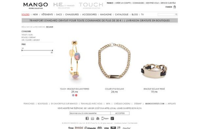 Capture d'écran du site de vente en ligne de la marque de prêt-à-porter Mango, qui commercialise des bijoux «esclave», le 4 mars 2013. Capture d'écran du site de vente en ligne de la marque de prêt-à-porter Mango, qui commercialise des bijoux «esclave», le 4 mars 2013.