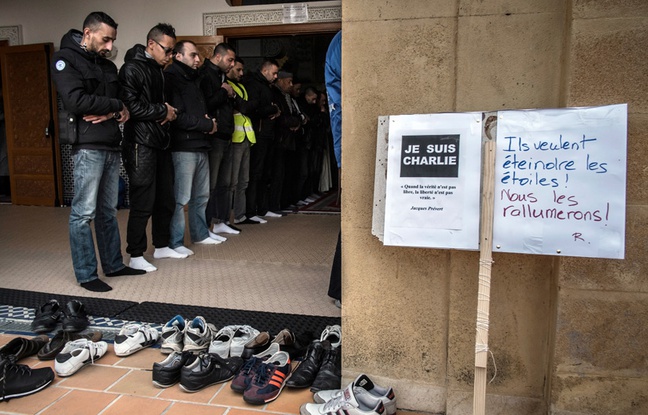 Des musulmans dans une mosquée de Saint-Etienne, le 9 janvier 2015, après l'attaque dont a été notamment victime la rédaction de «Charlie Hebdo». Des musulmans dans une mosquée de Saint-Etienne, le 9 janvier 2015, après l'attaque dont a été notamment victime la rédaction de «Charlie Hebdo».