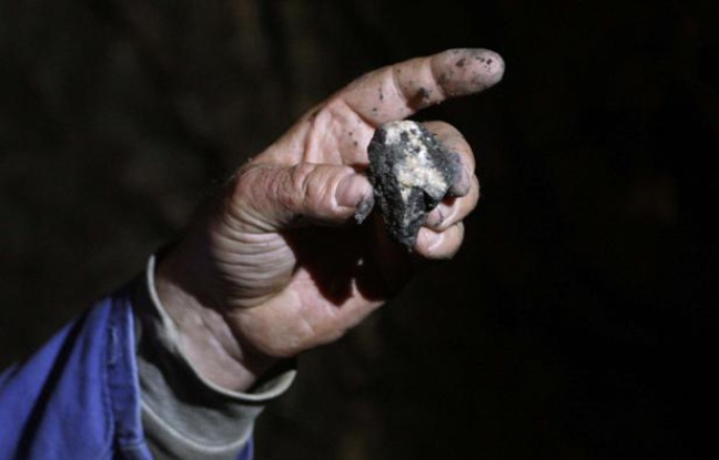 Un mineur montre un fragment de pierre contenant de l'uranium. Un mineur montre un fragment de pierre contenant de l'uranium.