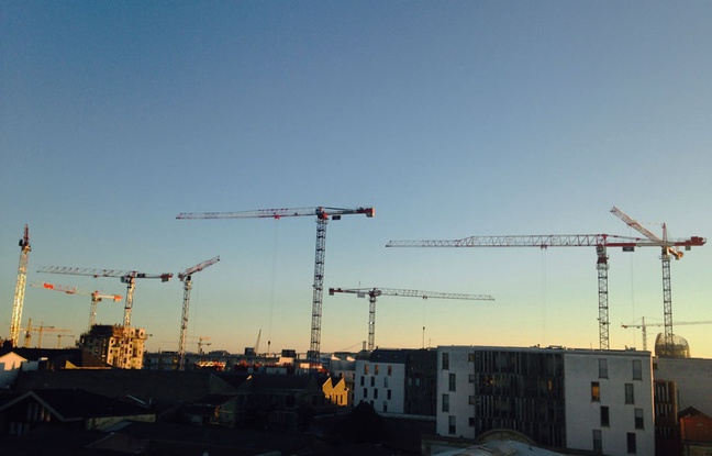 Grues de chantier au quartier des Bassins à Flot à Bordeaux, en octobre 2015 Grues de chantier au quartier des Bassins à Flot à Bordeaux, en octobre 2015