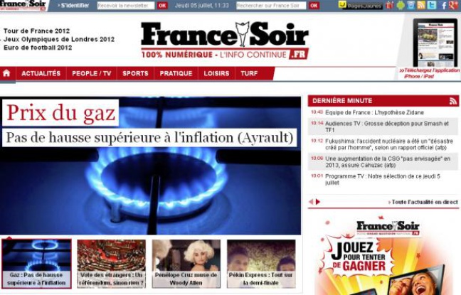 Le site de France Soir jeudi 5 juillet 2012. Le site de France Soir jeudi 5 juillet 2012.