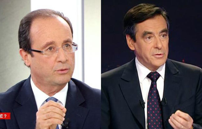 François Hollande, sur France 2, et François Fillon, sur TF1, le 7 novembre 2011. François Hollande, sur France 2, et François Fillon, sur TF1, le 7 novembre 2011.