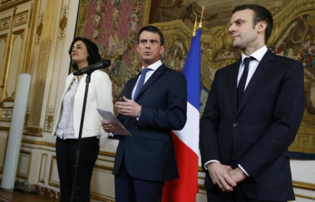 Le Premier ministre Manuel Valls (c) accompagné de la ministre du Travail Myriam El Khomri, et du ministre de l'Économie Emmanuel Macron, à Matignon à Paris, le 11 mars 2016 Le Premier ministre Manuel Valls (c) accompagné de la ministre du Travail Myriam El Khomri, et du ministre de l'Économie Emmanuel Macron, à Matignon à Paris, le 11 mars 2016