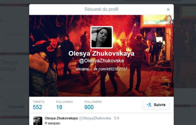 Capture du compte Twitter d'Olesya Zhukovskaya, une manifestante ukrainienne qui a annoncé sa mort en direct sur le réseau social, le 20 février 2014. Capture du compte Twitter d'Olesya Zhukovskaya, une manifestante ukrainienne qui a annoncé sa mort en direct sur le réseau social, le 20 février 2014.