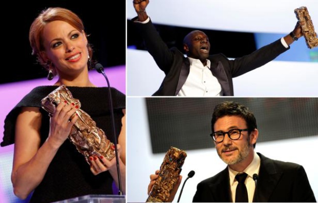 Bérénice Bejo, Omar Sy et Michel Hazanavicius, aux César 2012, le 24 février. Bérénice Bejo, Omar Sy et Michel Hazanavicius, aux César 2012, le 24 février.