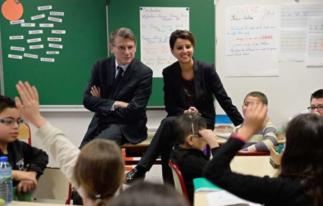 Vincent Peillon et Najat-Vallaud Belkacem, le 13 janvier 2014 à Villeurbanne, lors d'un déplacement sur les modules «ABCD de l'égalité». Vincent Peillon et Najat-Vallaud Belkacem, le 13 janvier 2014 à Villeurbanne, lors d'un déplacement sur les modules «ABCD de l'égalité».