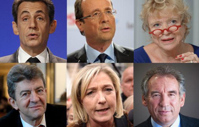 Mosaïque des candidats à l'élection présidentielle 2012. Nicolas Sarkozy, François Hollande, Eva Joly, Jean-Luc Mélenchon, Marine Le Pen et François Bayrou (De gauche à droite et de haut bas) Mosaïque des candidats à l'élection présidentielle 2012. Nicolas Sarkozy, François Hollande, Eva Joly, Jean-Luc Mélenchon, Marine Le Pen et François Bayrou (De gauche à droite et de haut bas)