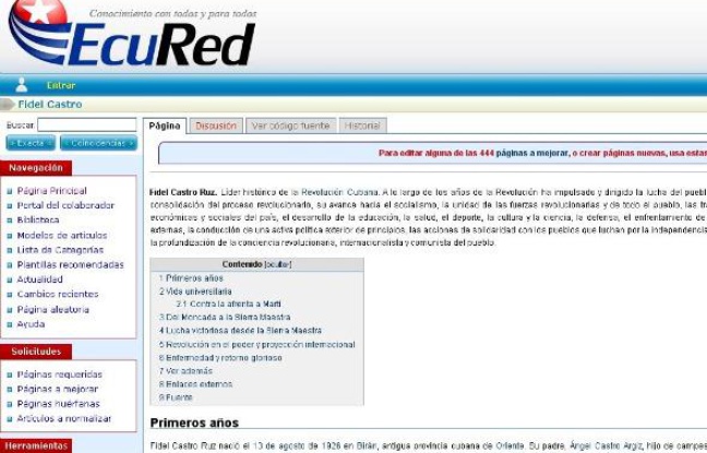 Capture d'écran d'Ecured, encyclopédie de Cuba, prise le 14 décembre 2010 Capture d'écran d'Ecured, encyclopédie de Cuba, prise le 14 décembre 2010