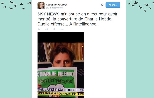 Caroline Fourest a tweeté ce message après avoir été coupée par Sky News pour avoir montré la une de «Charlie Hebdo» en direct. Caroline Fourest a tweeté ce message après avoir été coupée par Sky News pour avoir montré la une de «Charlie Hebdo» en direct.