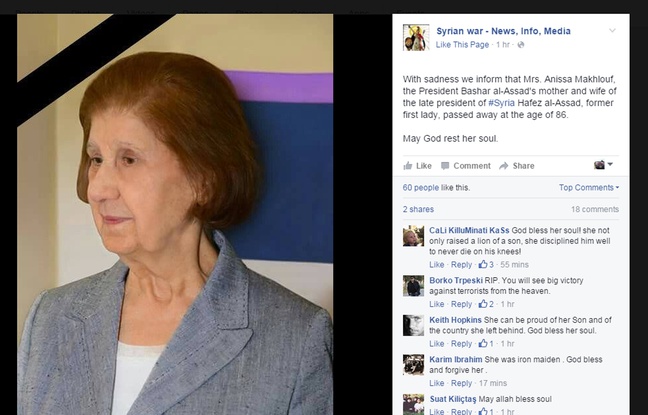 Photo diffusée sur Facebook d'Anissa Makhlouf, la mère de Bachar al-Assad Photo diffusée sur Facebook d'Anissa Makhlouf, la mère de Bachar al-Assad