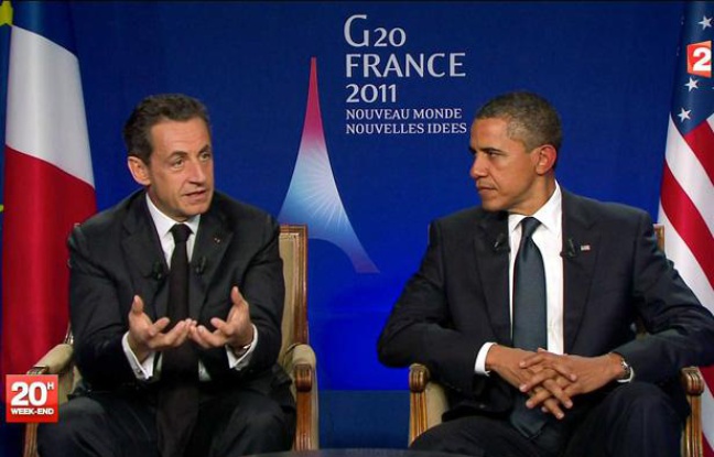 Nicolas Sarkozy et Barack Obama, lors de leur interview télévisée post-G20 le 4 novembre 2011, à Cannes. Nicolas Sarkozy et Barack Obama, lors de leur interview télévisée post-G20 le 4 novembre 2011, à Cannes.