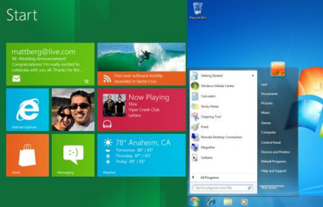 Le bureau «Metro» de Windows 8 face au «desktop» traditionnel de Windows 7. Le bureau «Metro» de Windows 8 face au «desktop» traditionnel de Windows 7.