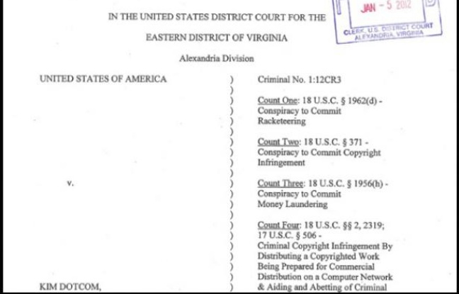 Première page de l'acte d'accusation à l'encontre de MegaUpload. Première page de l'acte d'accusation à l'encontre de MegaUpload.