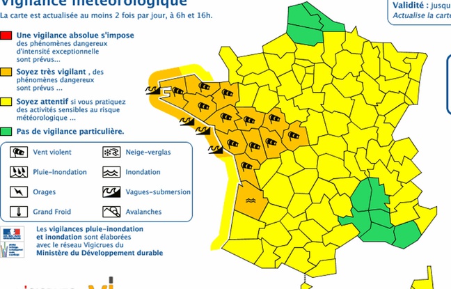 Météo France a étendu son alerte orange à douze départements, ce 13 février 2016. Météo France a étendu son alerte orange à douze départements, ce 13 février 2016.