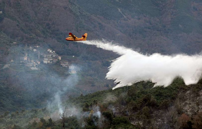 Un avion bombardier d'eau éteint les un incendie en Haute-Corse, le 16 décembre 2011.