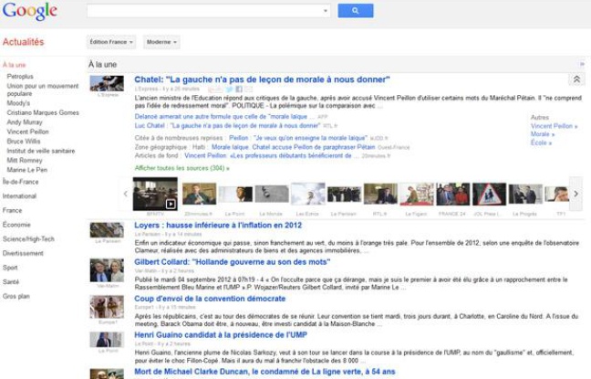 La page d'accueil de Google Actualités. La page d'accueil de Google Actualités.