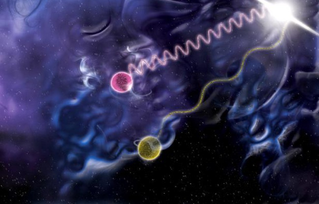La course de deux photons (vue d'artiste). La course de deux photons (vue d'artiste).