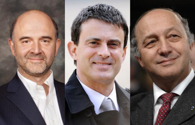 Pierre Moscovici, ministre de l'Economie, Manuel Valls, ministre de l'Intérieur et Laurent Fabius, ministre des Affaires étrangères. Pierre Moscovici, ministre de l'Economie, Manuel Valls, ministre de l'Intérieur et Laurent Fabius, ministre des Affaires étrangères.