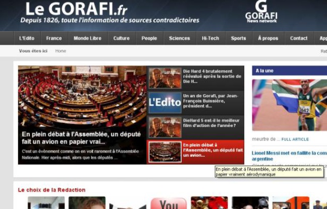 Page d'accueil du site d'information parodique le Gorafi, le 20 février 2013. Page d'accueil du site d'information parodique le Gorafi, le 20 février 2013.