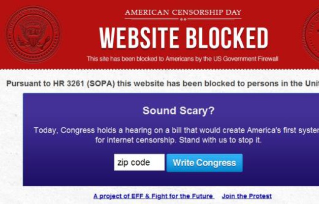 Une bannière de protestion contre le projet de loi américain de lutte contre le piratage SOPA. Une bannière de protestion contre le projet de loi américain de lutte contre le piratage SOPA.