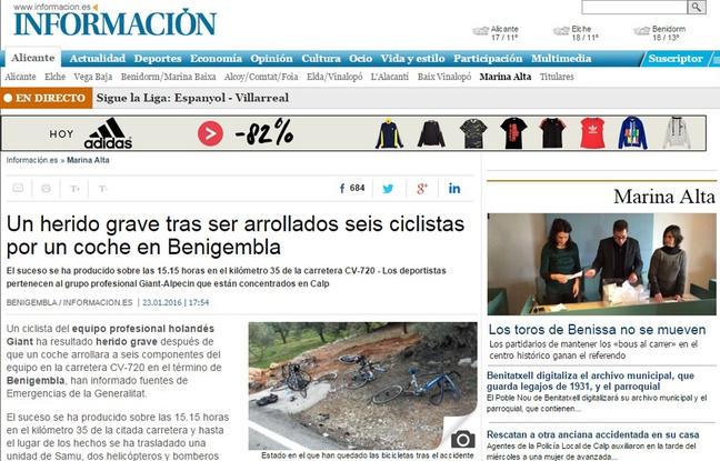 Capture d'écran du journal Informacion, qui publie une photo de l'accident. Capture d'écran du journal Informacion, qui publie une photo de l'accident.