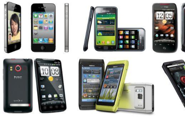 Dans l'ordre: l'iPhone 4, le Samsung Galaxy S, le HTC Droid Incredible, le HTC Evo 4G, le Nokia N8 et le Motorola Droid X Dans l'ordre: l'iPhone 4, le Samsung Galaxy S, le HTC Droid Incredible, le HTC Evo 4G, le Nokia N8 et le Motorola Droid X