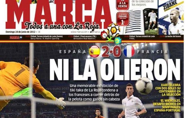 La une du quotidien sportif madrilène Marca, le 24 juin 2012. La une du quotidien sportif madrilène Marca, le 24 juin 2012.