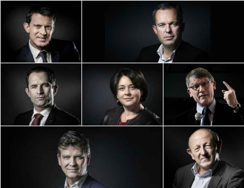 Les candidats à la primaire organisée en janvier 2017 par le PS: Manuel Valls François de Rugy Benoît Hamon Sylvia Pinel Vincent Peillon Arnaud Montebourg et Jean Luc Bennahmias