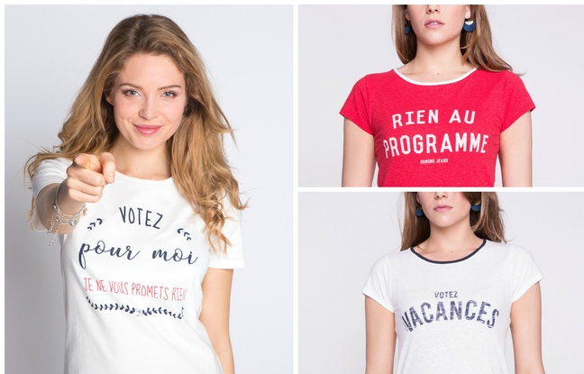 A gauche, tee-shirt Cache-Cache, à droite, tee-shirts Bonobo Jeans. A gauche, tee-shirt Cache-Cache, à droite, tee-shirts Bonobo Jeans.