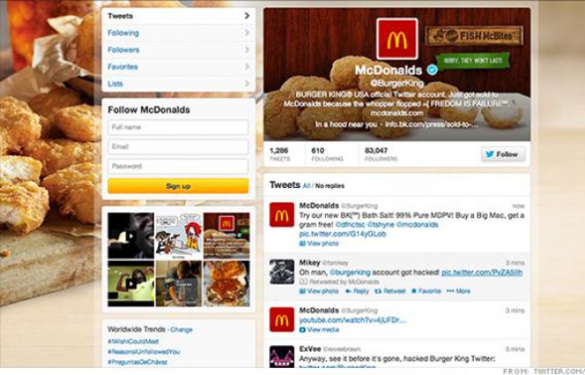Le compte Twitter de Burger King a été piraté aux couleurs de McDonald's le 18 février 2013. Le compte Twitter de Burger King a été piraté aux couleurs de McDonald's le 18 février 2013.