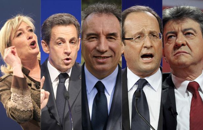 Montage des principaux candidats à l'élection présidentielle (de gauche à droite: Marine Le Pen (FN), Nicolas Sarkozy (UMP), François Bayrou (MoDem), François Hollande (PS) et Jean-Luc Mélenchon (Front de gauche)) Montage des principaux candidats à l'élection présidentielle (de gauche à droite: Marine Le Pen (FN), Nicolas Sarkozy (UMP), François Bayrou (MoDem), François Hollande (PS) et Jean-Luc Mélenchon (Front de gauche))