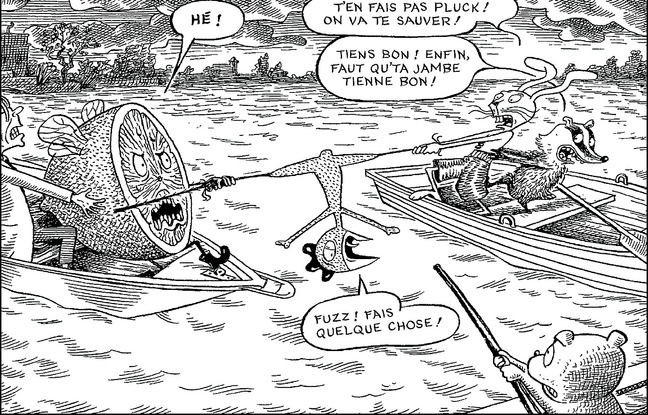 La vie n'est pas un long fleuve tranquille pour l'ours en peluche Fuzz et le poulet Pluck. La vie n'est pas un long fleuve tranquille pour l'ours en peluche Fuzz et le poulet Pluck.
