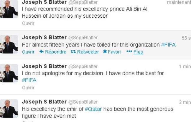 Le compte twitter de Sepp Blatter au moment du piratage. Le compte twitter de Sepp Blatter au moment du piratage.