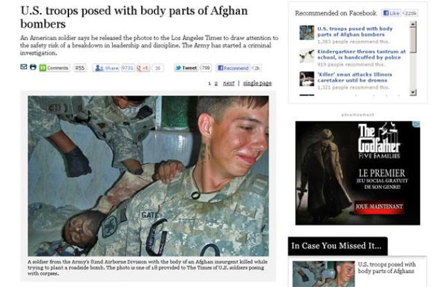 Capture d'écran du site Internet du Los Angeles Times présentant des photos choquantes de soldats américains en Afghanistan. Capture d'écran du site Internet du Los Angeles Times présentant des photos choquantes de soldats américains en Afghanistan.
