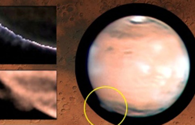 Formation nuageuse observée sur Mars en 2012. Formation nuageuse observée sur Mars en 2012.