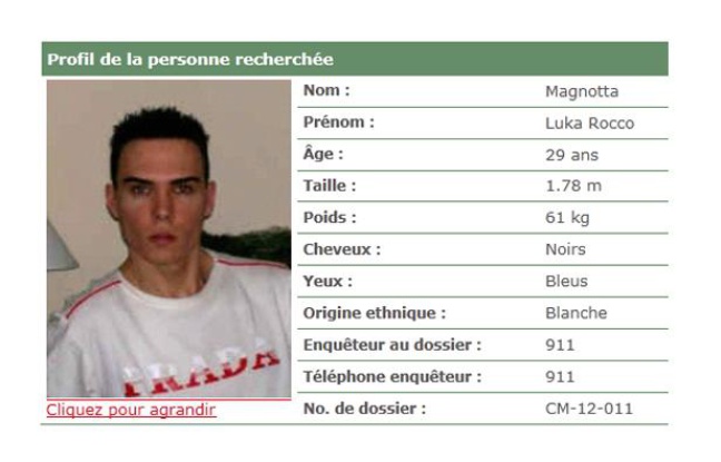 Capture d'écran de l'avis de recherche de Luka Rocco Magnotta émis par la police de Montréal. Capture d'écran de l'avis de recherche de Luka Rocco Magnotta émis par la police de Montréal.