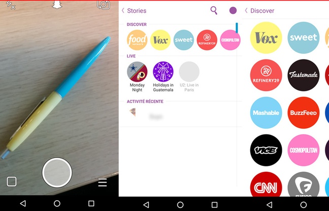 Captures d'écrans de l'application Snapchat. Captures d'écrans de l'application Snapchat.