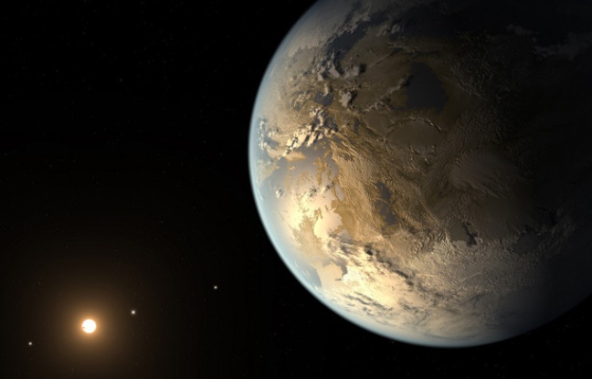 Vue d'artiste de l'exoplanète Kepler-186f, déclarée habitable par la Nasa le 17 avril 2014 Vue d'artiste de l'exoplanète Kepler-186f, déclarée habitable par la Nasa le 17 avril 2014