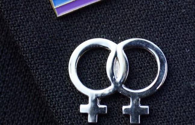 Gros plan d'un insigne lesbien et du drapeau homosexuel réalisé le 10 mars 2007 devant la maire de Morlaix lors d'une manifestation rassemblant une trentaine de personnes pour demander le droit au mariage homosexuel. Gros plan d'un insigne lesbien et du drapeau homosexuel réalisé le 10 mars 2007 devant la maire de Morlaix lors d'une manifestation rassemblant une trentaine de personnes pour demander le droit au mariage homosexuel.