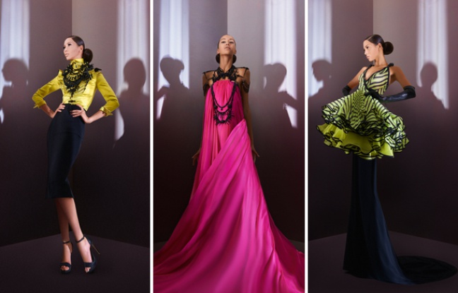 Trois silhouettes de la collection haute couture automne-hiver 2014-2015 de Julien Fournié. Trois silhouettes de la collection haute couture automne-hiver 2014-2015 de Julien Fournié.