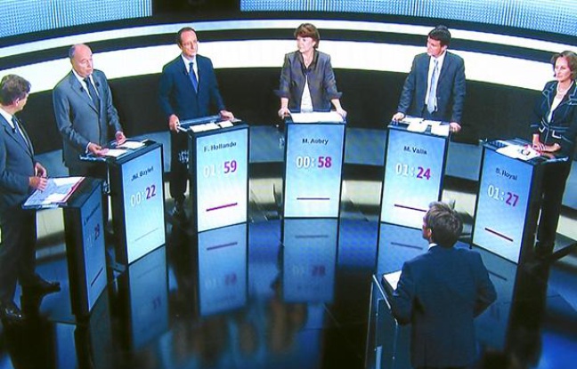 Les six candidats au débat organisé par le PS dans le cadre de ses primaires citoyennes, sur France 2, le 15 septembre 2011. Les six candidats au débat organisé par le PS dans le cadre de ses primaires citoyennes, sur France 2, le 15 septembre 2011.