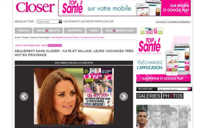 «Closer» annonce que le magazine va publier des photos de Kate Middleton à moitié nue. «Closer» annonce que le magazine va publier des photos de Kate Middleton à moitié nue.