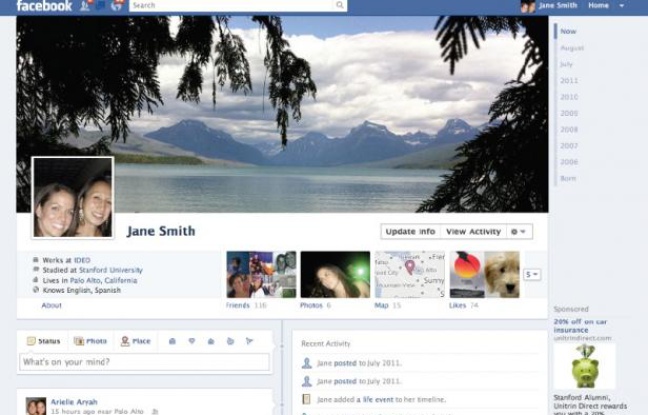 La page «Timeline» du nouveau profil Facebook, dévoilé le 22 septembre 2011 par Mark Zuckerberg. La page «Timeline» du nouveau profil Facebook, dévoilé le 22 septembre 2011 par Mark Zuckerberg.