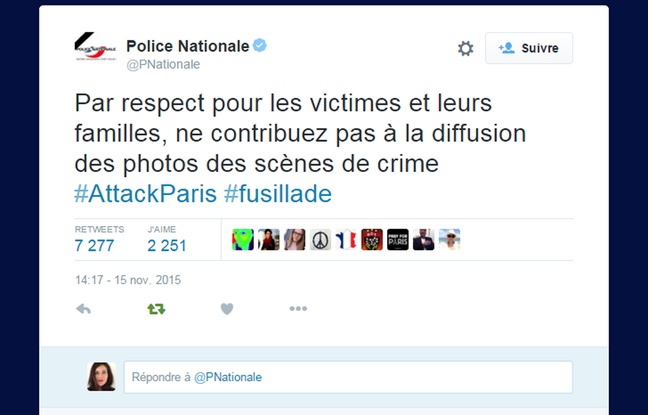 Message posté par la Police nationale le 15 novembre 2015 sur Twitter après les attentats de Paris. Message posté par la Police nationale le 15 novembre 2015 sur Twitter après les attentats de Paris.