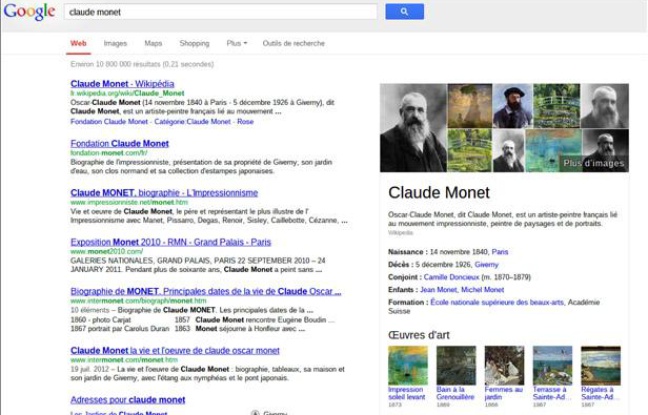 Un exemple de recherche Google avec le «graphe du savoir». Un exemple de recherche Google avec le «graphe du savoir».