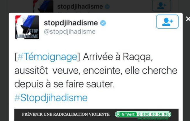 Capture d'écran du tweet du compte lancé par le gouvernement pour lutter contre la propagande djihadiste. Capture d'écran du tweet du compte lancé par le gouvernement pour lutter contre la propagande djihadiste.