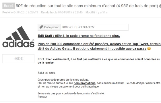 adidas code promo frais de port