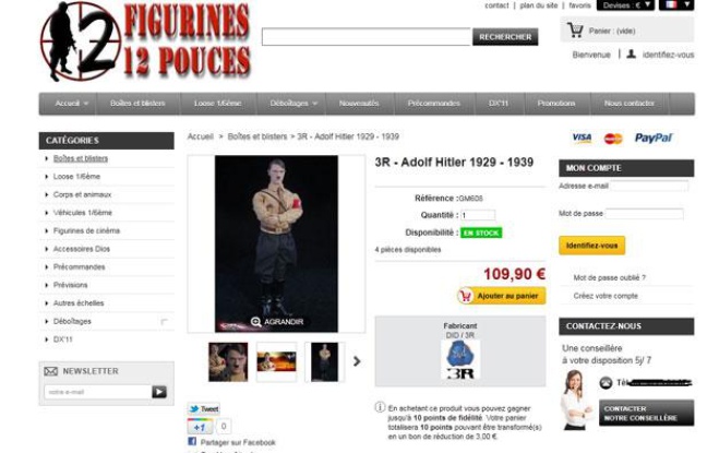 Capture d'écran du site "Figurines 12 pouces" proposant une figure d'Adolf Hitler, réalisée le 29 décembre 2011. Capture d'écran du site "Figurines 12 pouces" proposant une figure d'Adolf Hitler, réalisée le 29 décembre 2011.
