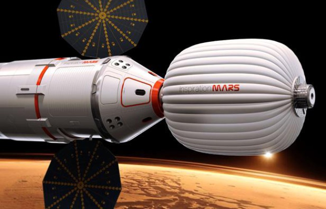 Vue d'artiste du vaisseau devant mener un couple marié vers la planète Mars en janvier 2018. Vue d'artiste du vaisseau devant mener un couple marié vers la planète Mars en janvier 2018.