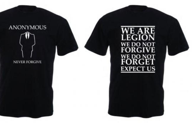 Des t-shirts estampillés du logo et du slogan Anonymous, vendus sur le site Pickapop.fr. Des t-shirts estampillés du logo et du slogan Anonymous, vendus sur le site Pickapop.fr.